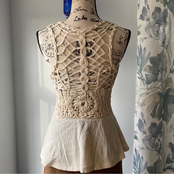 Tops - Free People jacquard knit cottagecore peplum top - cream - size xs